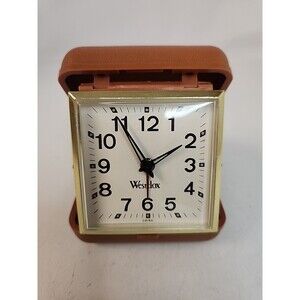 Vintage Westclox Travel Alarm Clock Brown Case Goldtone Accents 3"x3", Works